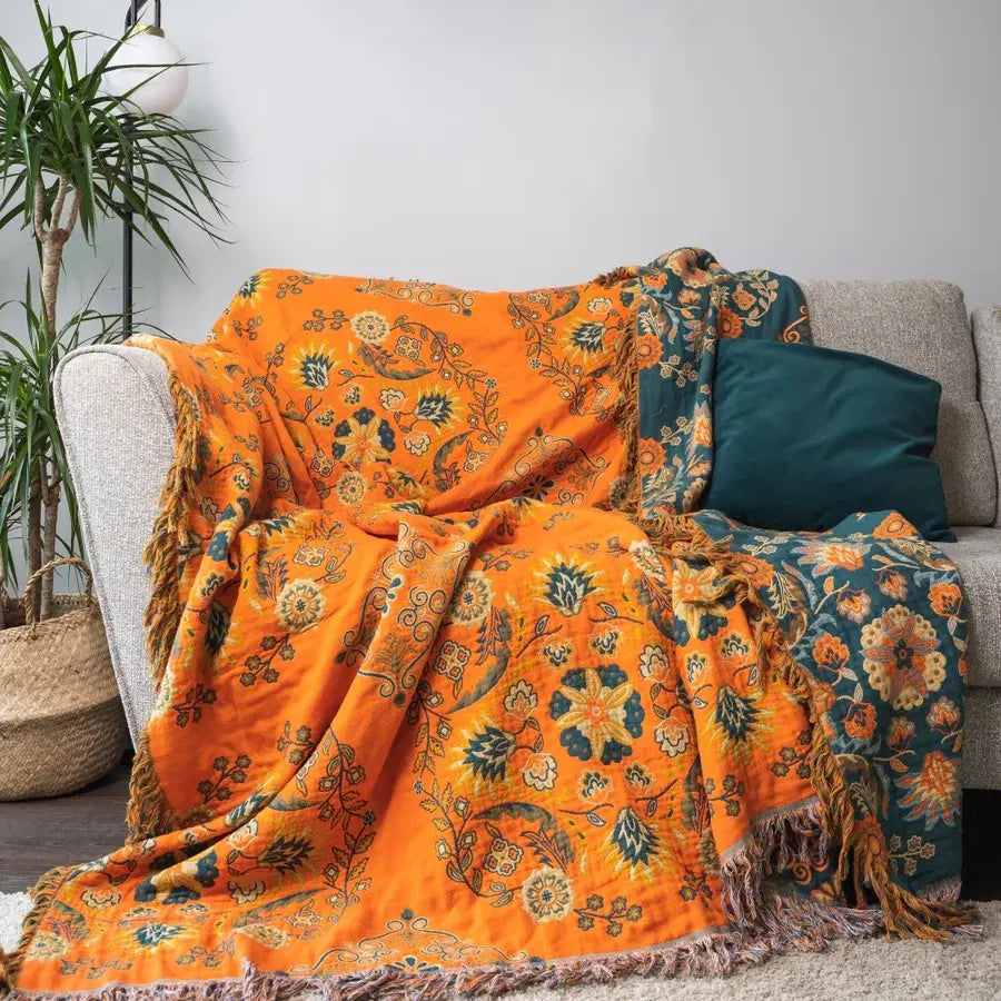 Żywy Bawełniany Dwustronny Koc Marigold na Sofę