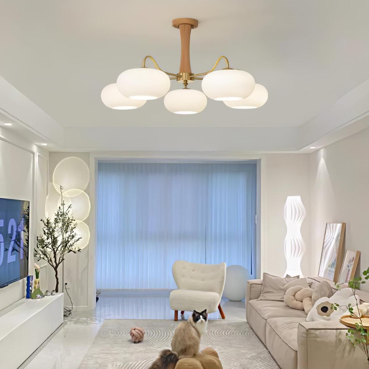 Artystyczna szklana lampa wisząca z połowy wieku z drewnianą podstawą