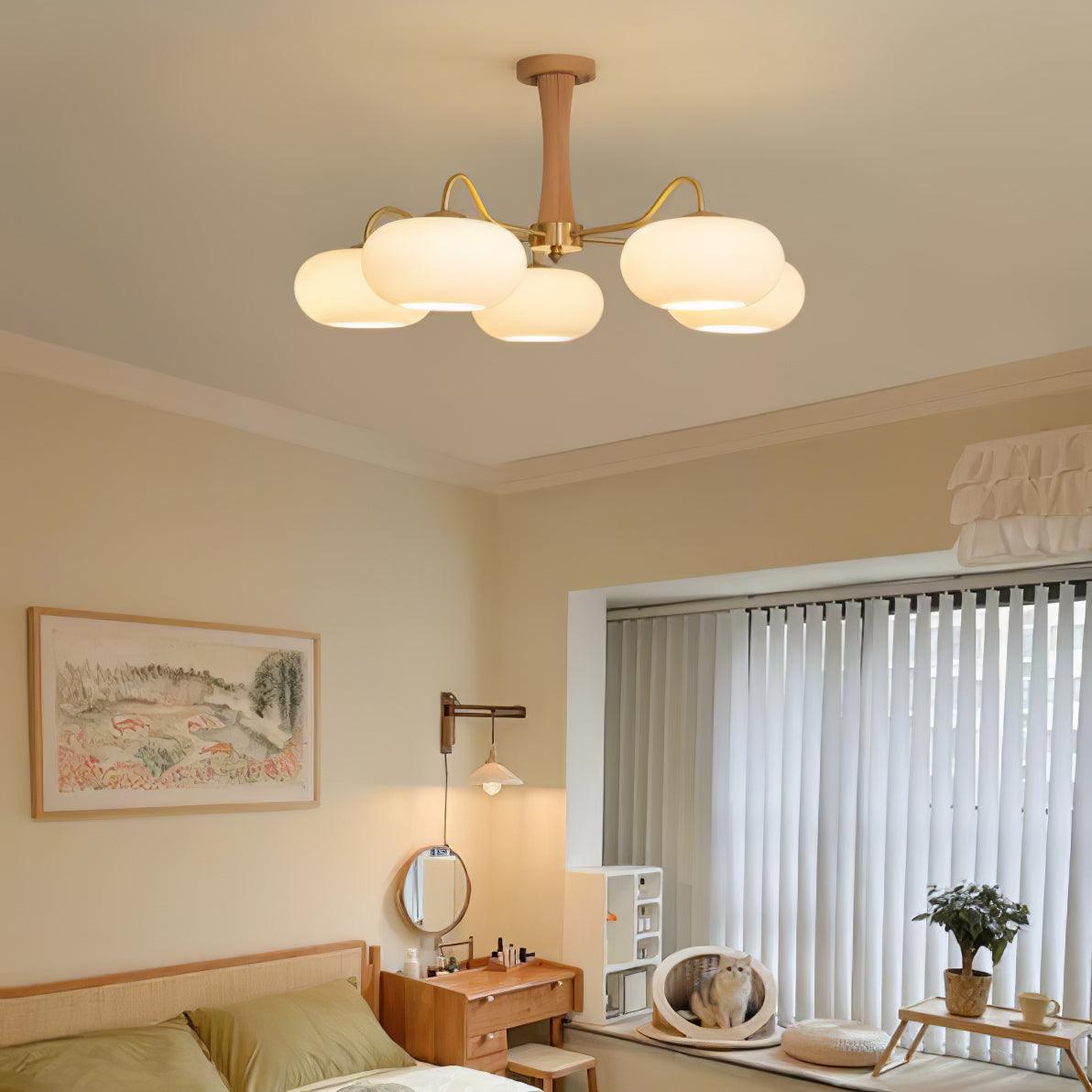 Artystyczna szklana lampa wisząca z połowy wieku z drewnianą podstawą