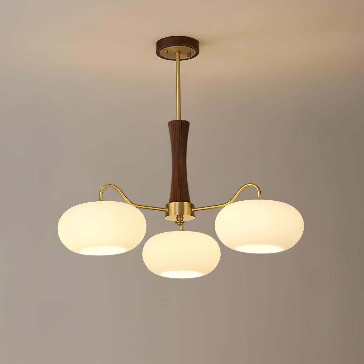 Artystyczna szklana lampa wisząca z połowy wieku z drewnianą podstawą