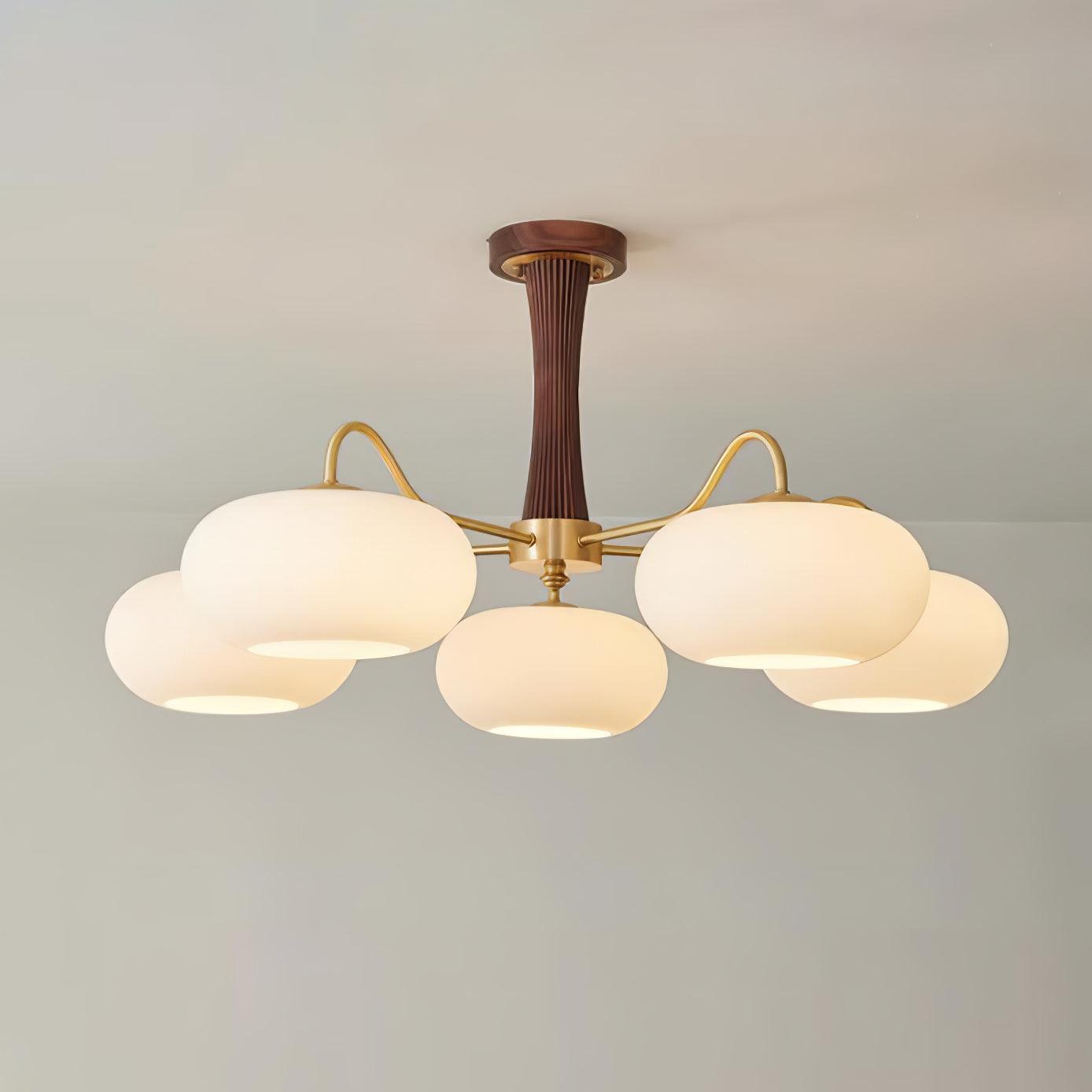 Artystyczna szklana lampa wisząca z połowy wieku z drewnianą podstawą