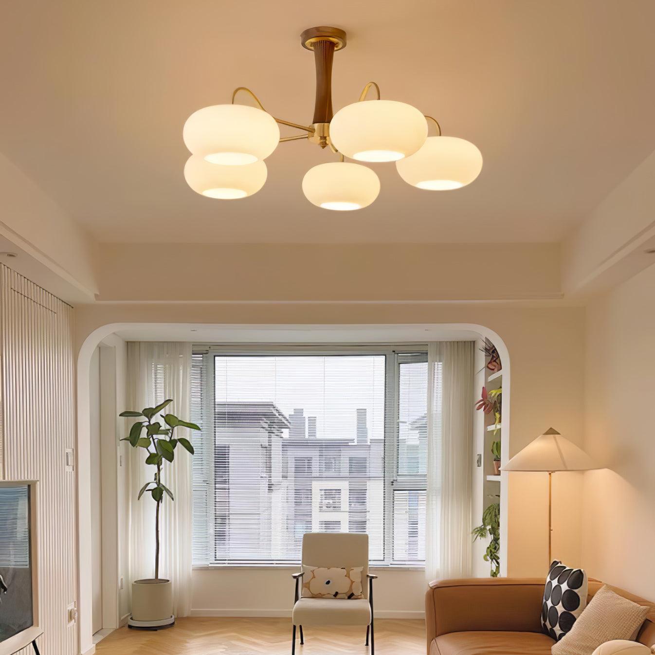 Artystyczna szklana lampa wisząca z połowy wieku z drewnianą podstawą