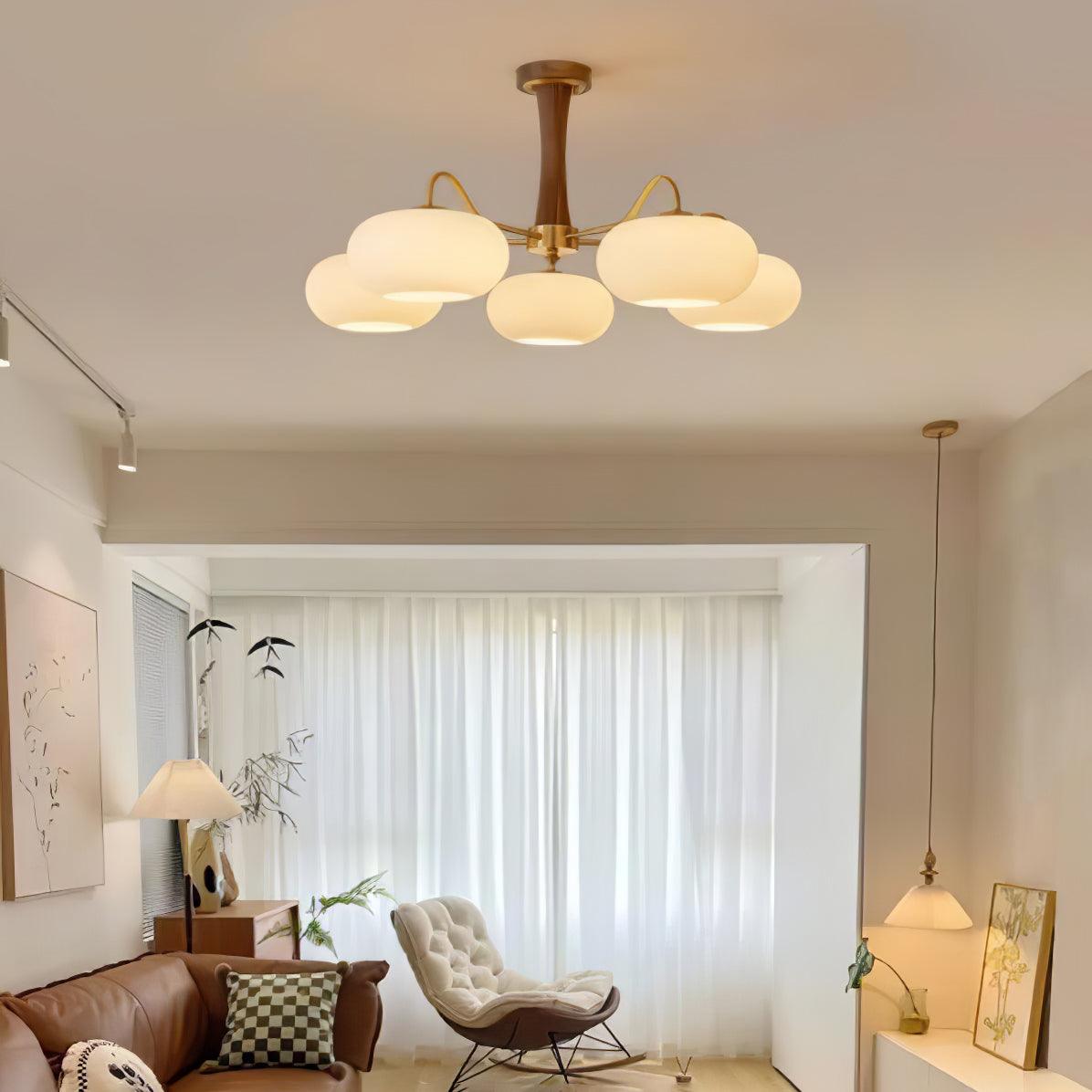 Artystyczna szklana lampa wisząca z połowy wieku z drewnianą podstawą