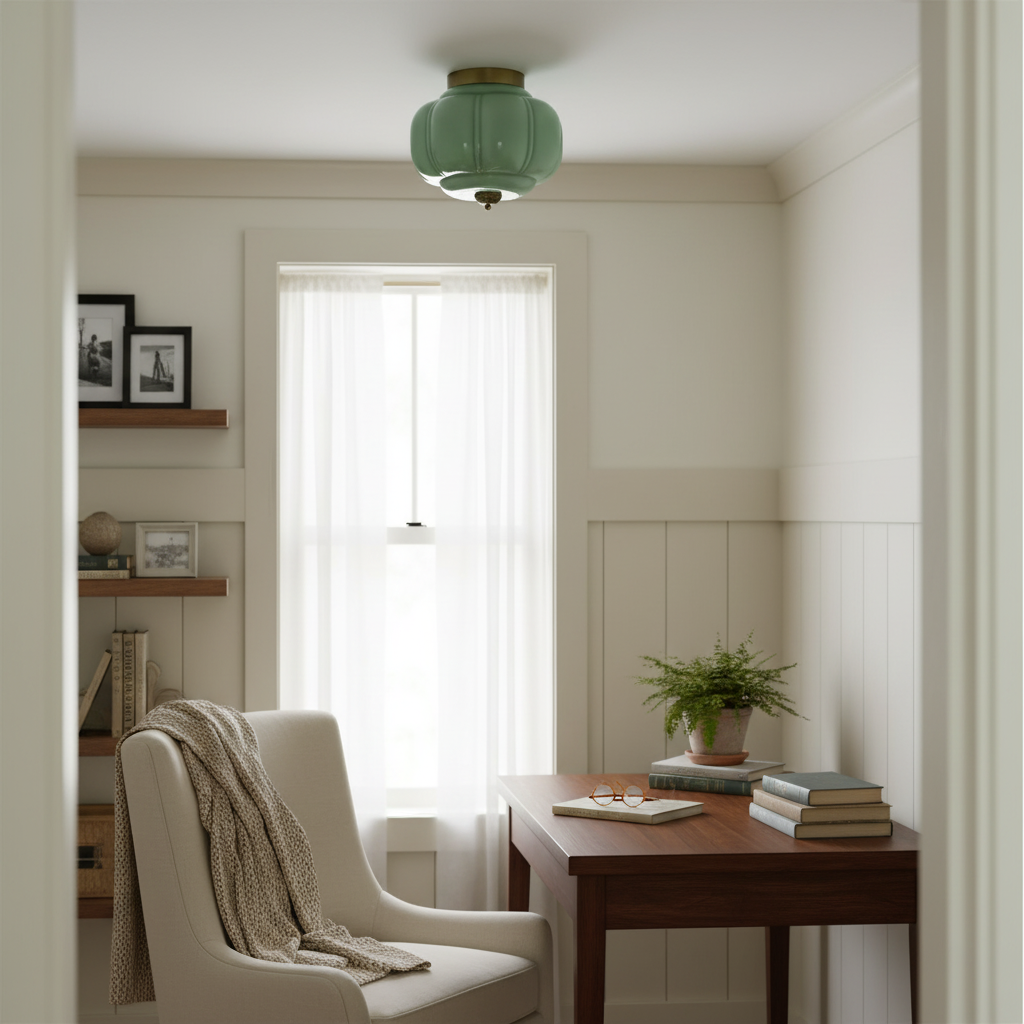 Retro zielona lampa sufitowa do montażu wpuszczanego z złotymi akcentami