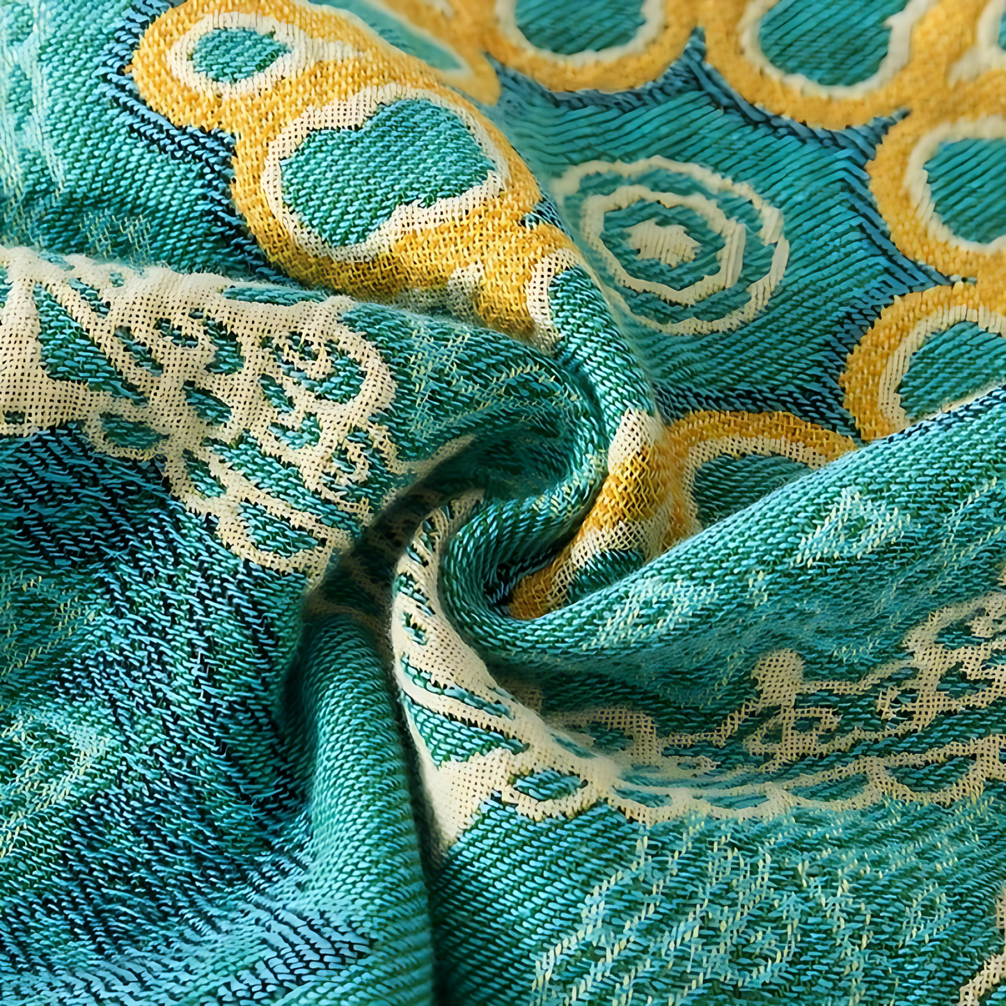Miękki koc boho turkusowo-złoty z bawełny do domu
