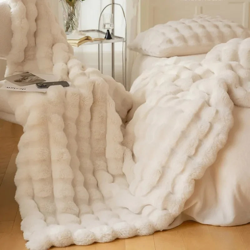 Luxurious cozy soft double-sided rabbit fur imitation blanket for bed and sofa