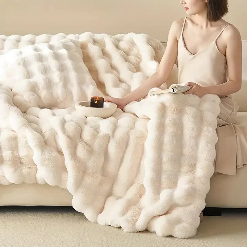 Luxurious cozy soft double-sided rabbit fur imitation blanket for bed and sofa