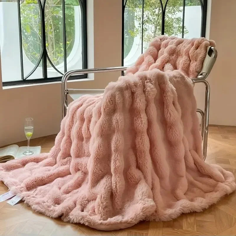 Luxurious cozy soft double-sided rabbit fur imitation blanket for bed and sofa
