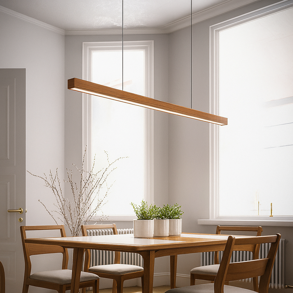 Funkcjonalny długi drewniana lampa wisząca LED do eleganckiego wnętrza domu