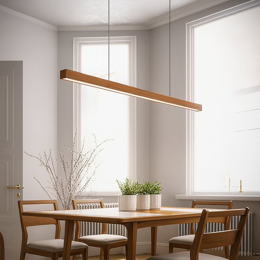 Funkcjonalny długi drewniana lampa wisząca LED do eleganckiego wnętrza domu