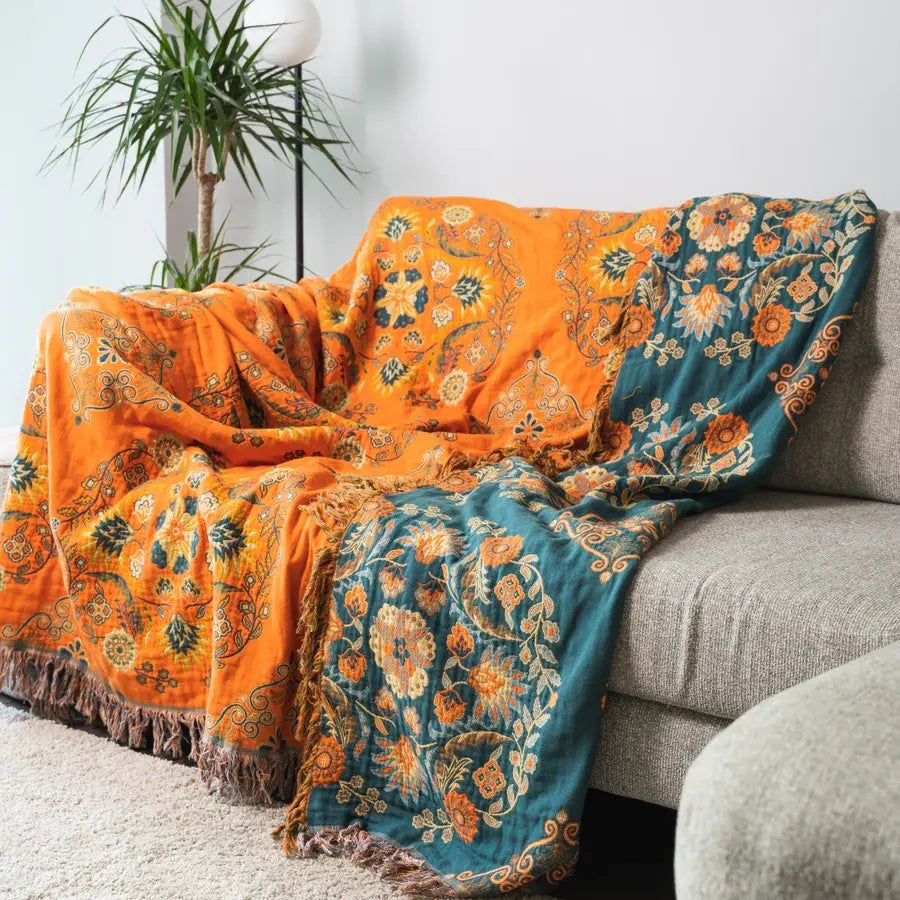 Żywy Bawełniany Dwustronny Koc Marigold na Sofę